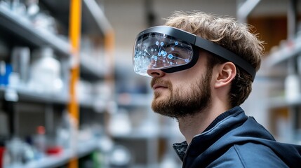 Poster - A young man wearing VR glasses in a warehouse.  The glasses display a digital network, suggesting a use in warehouse management or inventory control.
