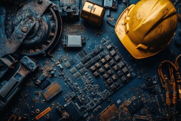 Poster - Industrial scene showcasing circuit boards and construction gear in a workshop setting
