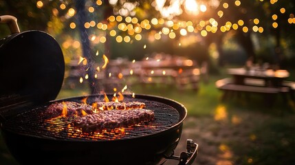 Poster - Grilled meat sizzling on barbecue with bright sunset and festive lights in background.