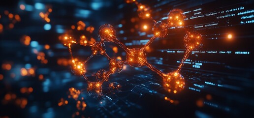 Fototapete - Abstract glowing orange molecule structure against blue digital background.