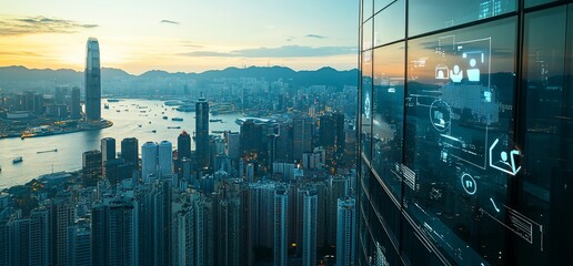 Poster - An aerial view of a city skyline with a glass building with digital interface icons on the window.