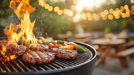 Poster - Grilled meat and vegetables with flames, outdoor barbecue setting, golden sunlight.