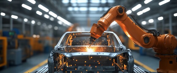 Aufkleber - An orange robotic arm is welding a car body on an assembly line in a factory, with sparks flying.