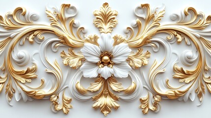 Poster - Ornate golden filigree swirling floral and leaf patterns intricately detailed in a regal Baroque style set against a pristine white background for a luxurious 3D decorative design