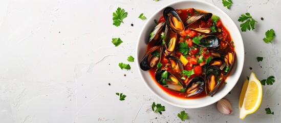 Sticker - Cooked green mussels with tomato sauce garlic parsley and lemon photographed from above on a plain white background with space for text. with copyspace image