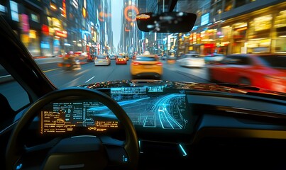 Poster - Interior view of a car driving through a busy city at night.