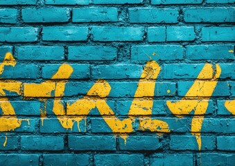 blue brick wall with bold yellow graffiti in abstract zigzag pattern generative ai