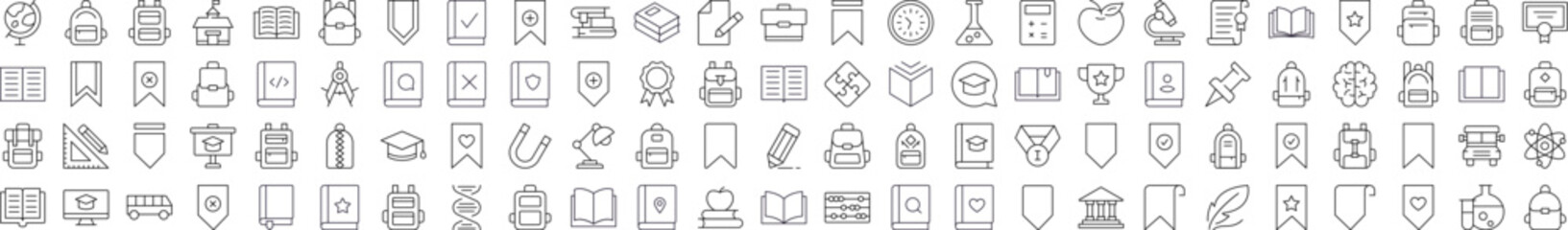 Poster - School, College, University Line Icon Pack. Modern Collection for Design, Web Sites, Apps, Cards. Contains Linear Images of Backpack, Bookmark, Book, Clock