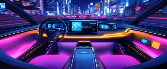 Poster - modern car interior with colorful led lights and futuristic dashboard, with city skyline visible thr
