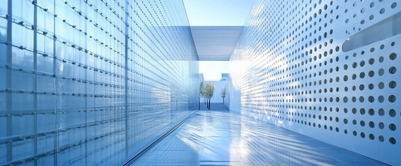 Poster - Modern hallway with perforated walls and a view of the sky.