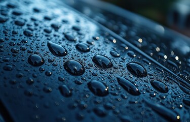 Close-up of water droplets on a smooth dark surface, showcasing detailed reflections and a moody atmosphere Generative AI