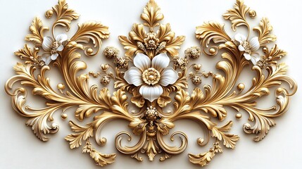 Poster - Regal golden Baroque ornament swirling floral and leaf patterns richly detailed in a vintage style with opulent decorative scrolls and filigree set on an elegant white background