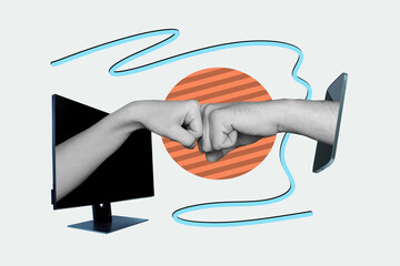 Poster - Creative collage picture hands body fragment gesture cooperation team unity support smartphone screen monitor pc remote partners