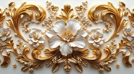 Poster - Rich golden filigree swirling floral and leaf patterns intricately designed in a Baroque style set against a clean white background for a vintage opulent 3D decorative effect