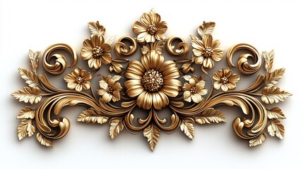 Fototapete - Richly detailed 3D golden Baroque ornament intricate floral filigree swirling leaf patterns and elegant rococo scrollwork set against a white background for a grand opulent look