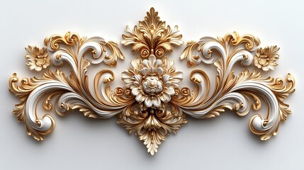 Poster - Richly detailed 3D golden Baroque ornament intricate floral filigree swirling leaf patterns and elegant rococo scrollwork set against a white background for a grand opulent look