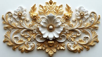 Poster - Richly detailed 3D golden Baroque ornament intricate floral filigree swirling leaf patterns and elegant rococo scrollwork set against a white background for a grand opulent look