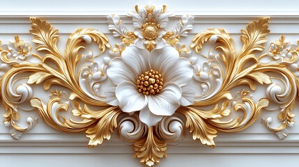 Poster - Richly detailed 3D golden Baroque ornament intricate floral filigree swirling leaf patterns and elegant rococo scrollwork set against a white background for a grand opulent look
