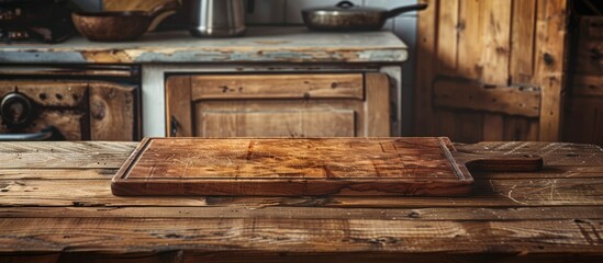 A rustic wooden table in the kitchen with an empty brown cutting board provides a natural background for food preparation offering ample copy space for a stylish design