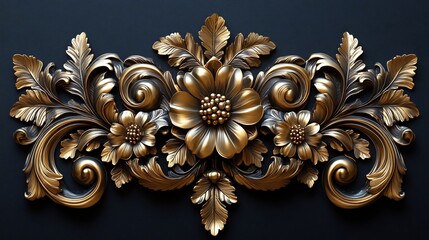 Poster - Richly detailed golden filigree swirling floral and leaf patterns arranged in a Baroque 3D design with opulent rococo scrollwork set on a black background for a regal appearance