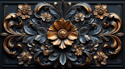 Poster - Richly detailed golden filigree swirling floral and leaf patterns arranged in a Baroque 3D design with opulent rococo scrollwork set on a black background for a regal appearance