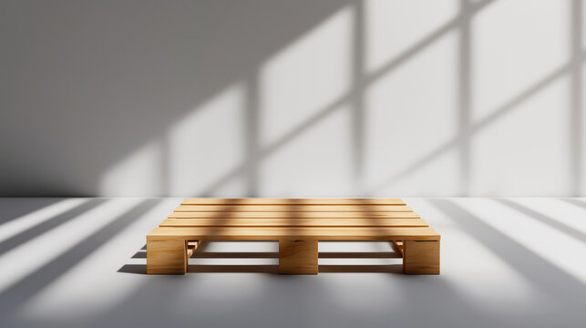 A minimalist rendering of a wooden pallet in a light studio setting, casting soft shadows against a crisp white background.