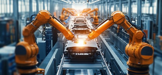 Aufkleber - Two orange robotic arms working on a car assembly line, the robot arm on the right is in focus.