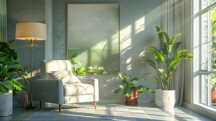 Aufkleber - White and green interior with plants lamps armchair and painting