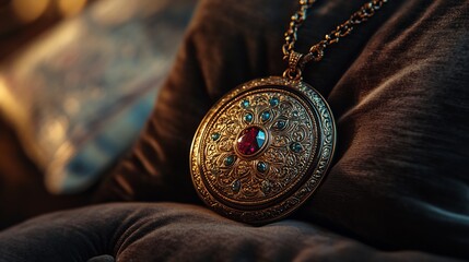 Poster - Shimmering gold craftsmanship an antiqueinspired locket adorned with gemstones and delicate filigree resting on a velvet pillow under warm lighting