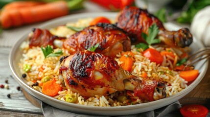 Poster - Chicken legs baked with rice and vegetables on the table