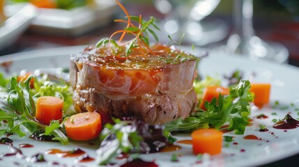 Poster - Jellied pork and beef with carrots served with vegetables salad on a plate
