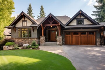 Sticker - Gorgeous craftsman style home garage architecture building. Image .