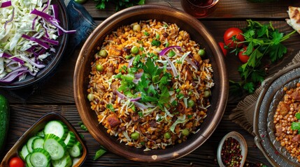 Poster - Traditional Middle Eastern dish Mujadara of lentils rice and fried onions with a salad of cabbage and cucumbers on wooden table top view selective focus