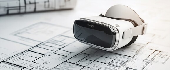 Poster - White VR headset on architectural blueprints.