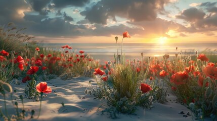 Poster - Nature landscape panorama of poppies on beach at sunrise