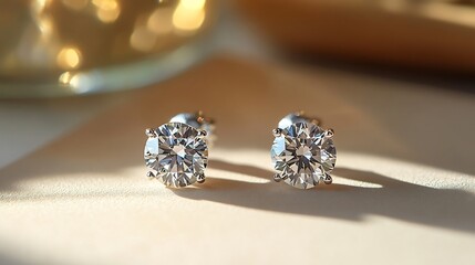 Poster - Simple diamond drop earrings a sleek design placed on a neutral minimalistic surface highlighting their understated elegance and brilliance