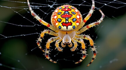  A detailed shot of a spider featuring vibrant markings on its back, accompanied by an intricate web in proximity
