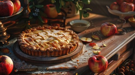 Aufkleber - Apple pie sponge cake Charlotte with apples on a wooden table