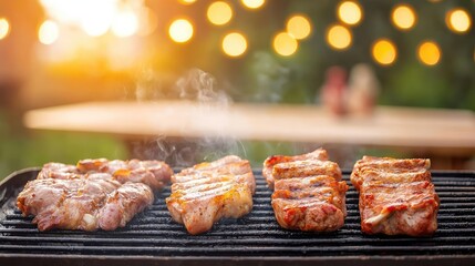 Poster - Grilled meat sizzling on a barbecue with an outdoor backdrop and glowing lights.