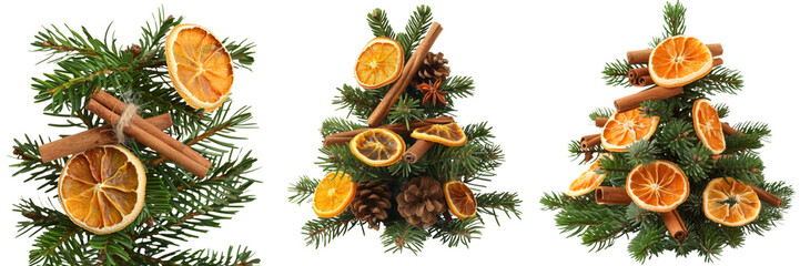 Wall Mural - Collection of Dried oranges and cinnamon sticks decoration on Christmas tree isolated on transparent or white background