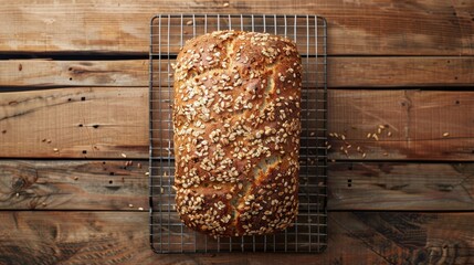 Aufkleber - Loaf of homemade whole grain bread with seeds cool down on a wire rack on a wooden table top view flat lay
