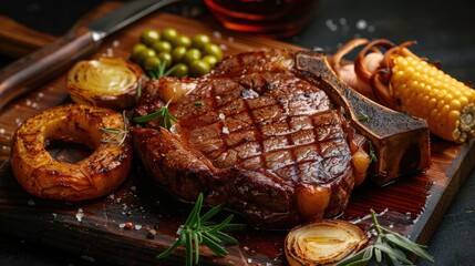 Poster - Ribeye Steak on the bone with Baked Potato Peas Onion Rings and Corn