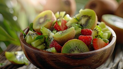 Poster - Kiwi and kiwi fruit salad in wooden bowl selective focus