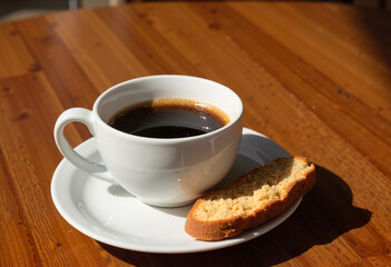 Coffee cup with biscotti on wooden table in sunlight