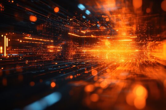 Vibrant digital landscape with glowing orange lines and patterns creating a futuristic environment