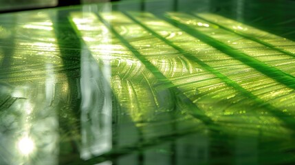 Poster - closeup of empty green texture fluted glass disperse strong beam of sunlight into mixture of stripe 