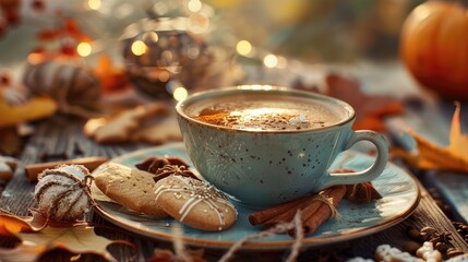 Cup of coffee with seasonal autumn spices cookies and fall decor Traditional coffee drink for autumn holidays