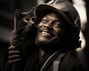 Smiling dark-skinned man with a kitten, expressing joy and warmth, against a blurred background