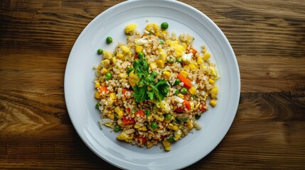 Poster - Cauliflower fried rice Stir fried cauliflower rice with eggs carrot bean and corn in white plate healthy eating and low calories food low carb dish Top view