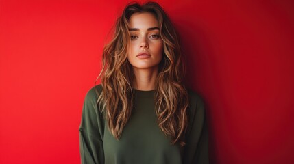 a serene woman stands gracefully in green attire against a striking red wall, embodying contrast and